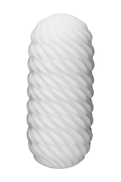 Masturbator TENGA 3Dx FLOW med vågformade ribbor, bredvid sitt torkställ