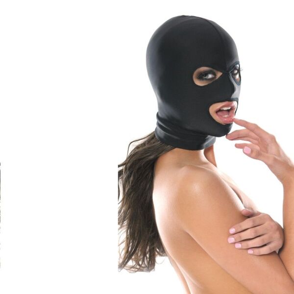 BDSM-masken Fetish Fantasy 3-Hole Hood från Pipedream, med öppningar för ögon och mun