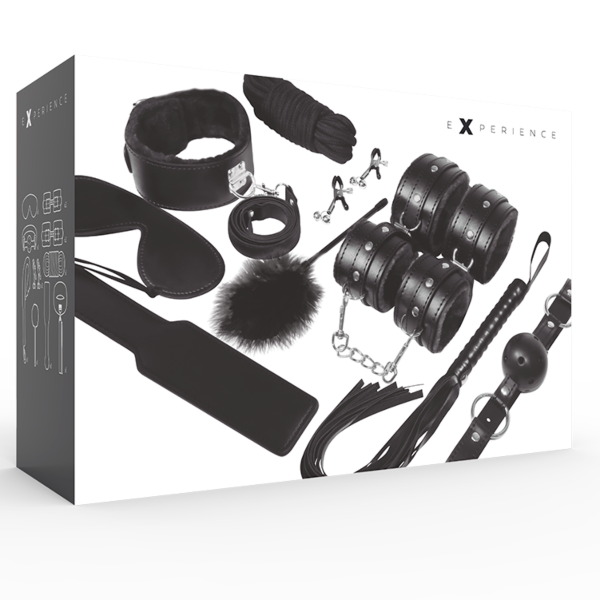 Svart Experience BDSM Fetish Kit Black Series med tillbehör för bondage och smisk