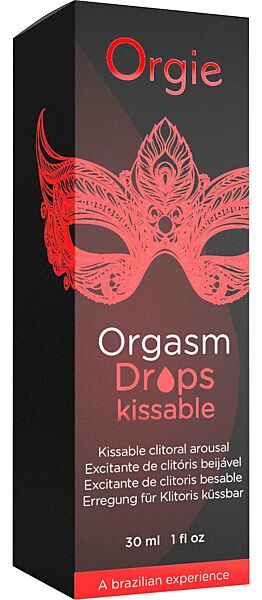 Glasflaska med pipett av Orgie Orgasm Drops Kissable, 30 ml