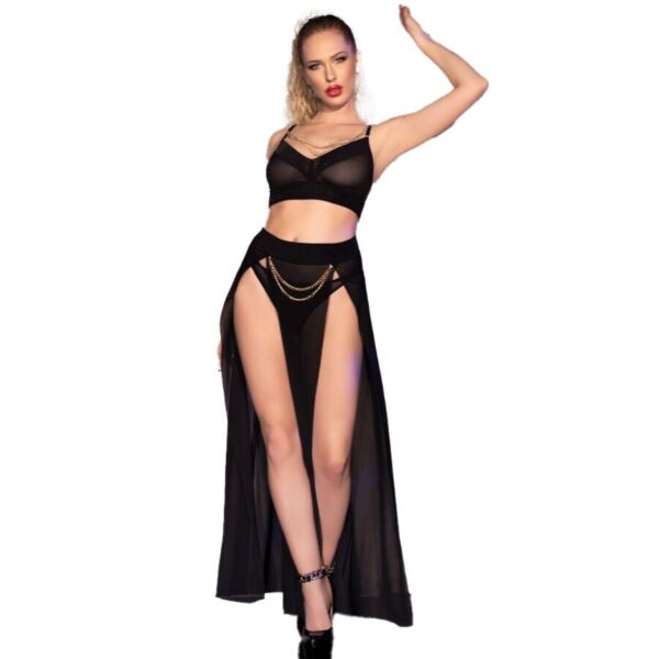 Svart lingerieset Chilirose CR 4672 med topp, kjol och stringtrosa med guldkedjor