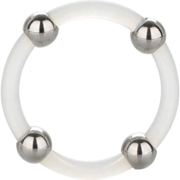 Penisring CalExotics Steel Beaded Silicone Ring Large i genomskinlig silikon med kulor av rostfritt stål