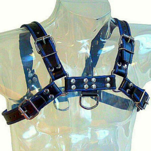 Harness för herr Leather Body Chest Bulldog i blått och svart, med remmar och metallkedjor