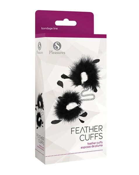 Handbojor S Pleasures Feather Cuffs, två handbojor med fjädrar som sitter ihop med en kedja