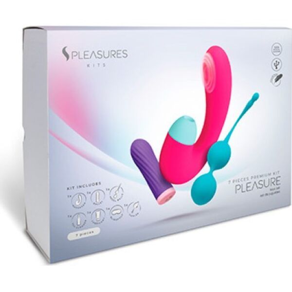 Sexleksakskitet S Pleasures Pleasure Kit med kulvibrator, dubbelstimulator, knipkulor, glidmedel, rengöring, fjäder och ögonbindel
