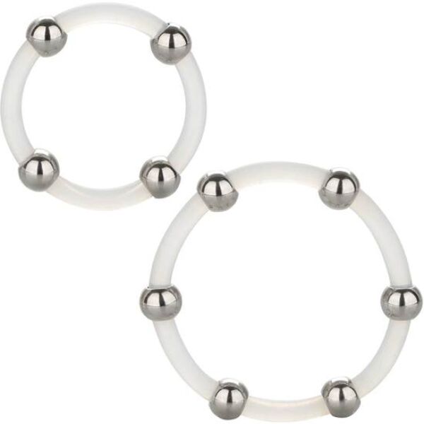 Genomskinliga penisringar CalExotics Steel Beaded Silicone Ring Set med kulor av rostfritt stål