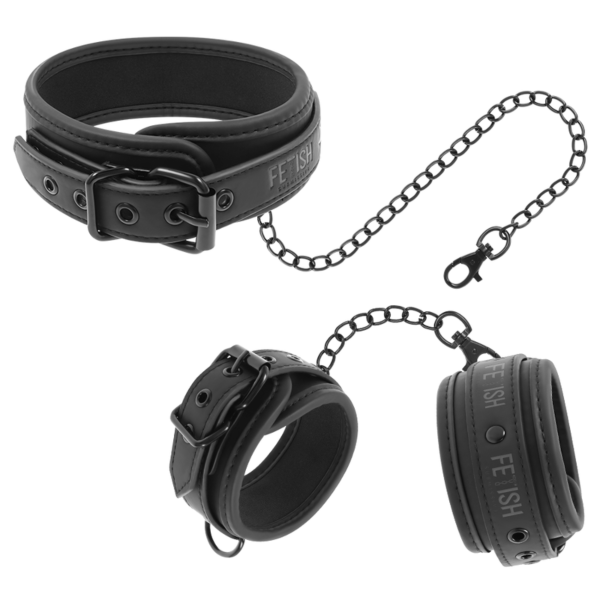 Handbojor och halsband Fetish Submissive med fixeringsstång och kedjor