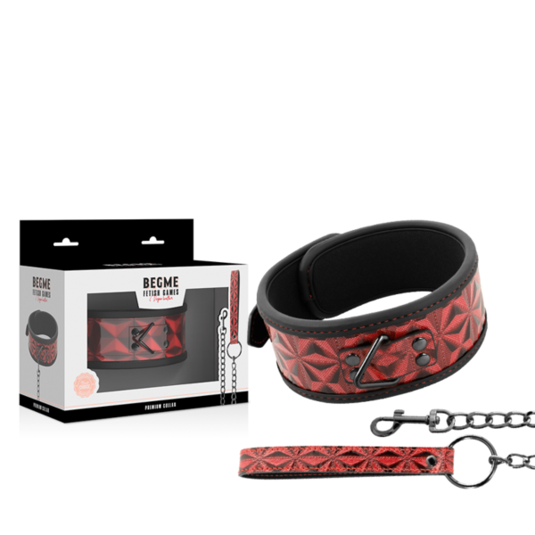 BDSM-halsband Begme Red Edition i veganskt läder med metallkedja, ring för halsen och koppel