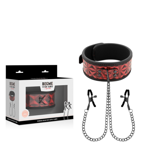Halsband med kedja och bröstvårtsklämmor, Begme Red Edition