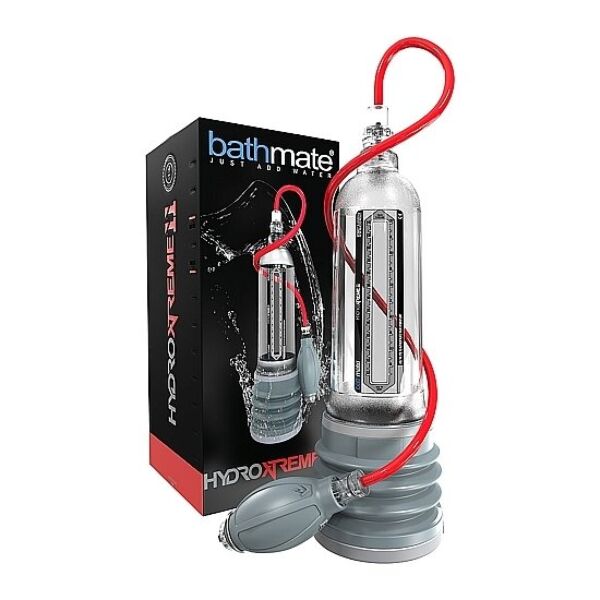 Vattenbaserad penispump Bathmate Hydroxtreme 11, genomskinlig med grå och röda detaljer, med handpump