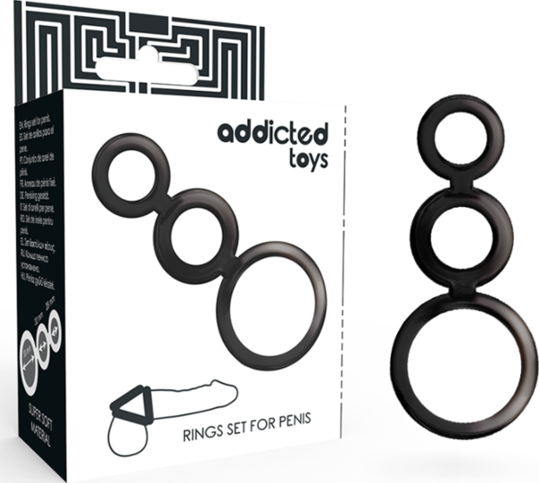 Set med tre penisringar för penis och testiklar från Addicted Toys