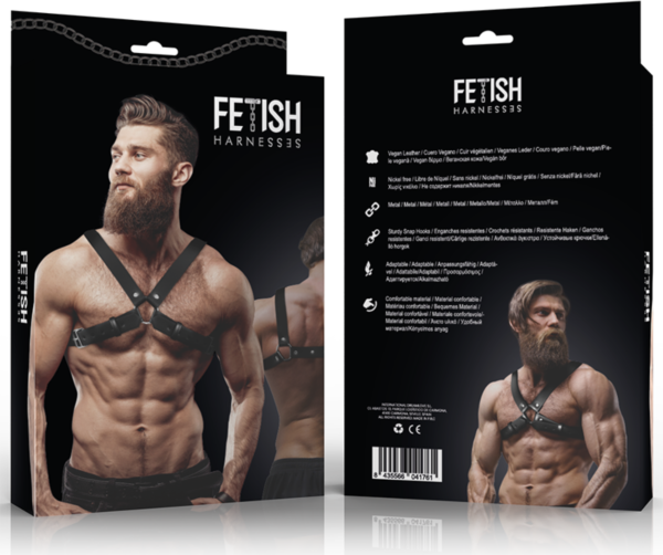 Bröstsele för herr Fetish Submissive Attitude Bulldog i veganskt läder, med remmar över axlar och bröst