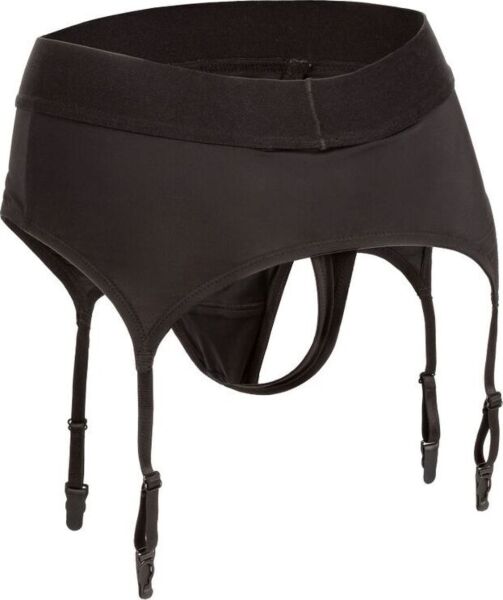 CalExotics Boundless Thong with Garter, stringformad strap-on-sele med strumpeband och ring framtill