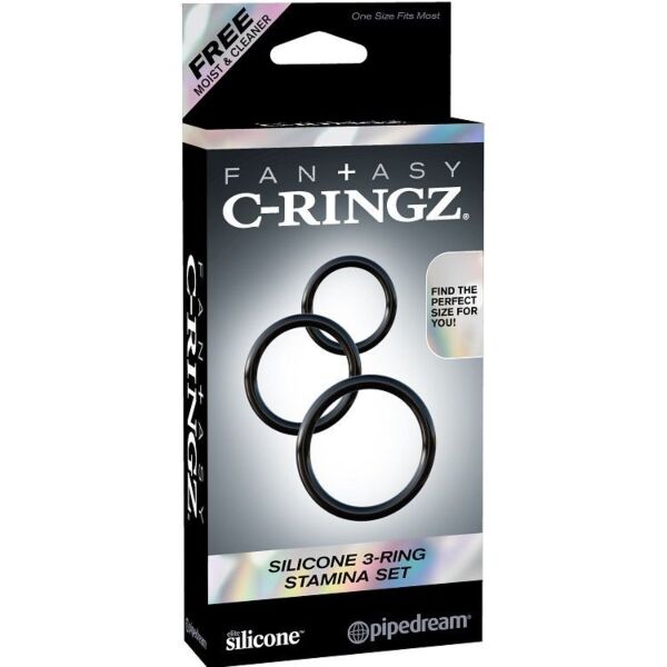 Tre svarta Pipedream Fantasy C-Ringz Stamina-penisringar för penis och testiklar