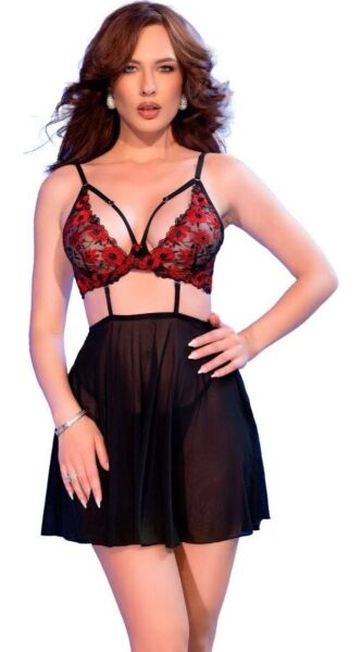 Babydoll Chilirose CR 4869 med broderad bh, tyllkjol och stringtrosor