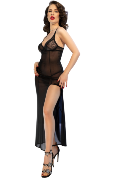 Lång svart babydoll i spets, Chilirose CR 4723, med matchande stringtrosa