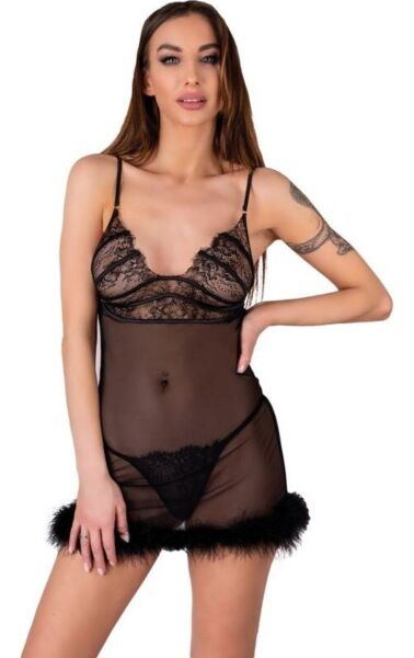 Babydoll-set från Livco Corsetti Zerunam i svart, med nätlinne med smala axelband och matchande string