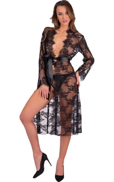 Svart genomskinlig morgonrock Livco Corsetti Mostina LC 90641 med blommönster och skärp i midjan
