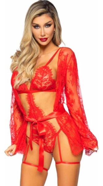 Leg Avenue All Romance 86123 i rött, med spetsbody med strumpeband och matchande kort kimono