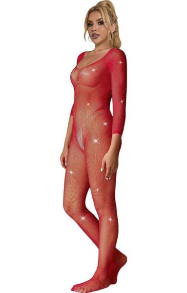 Bodystocking Subblime i rött nät med diamantmönster och lång ärm