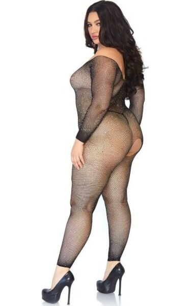 Svart bodystocking i nät från Leg Avenue Plus Seamless Fishnet, med långa ärmar och strass