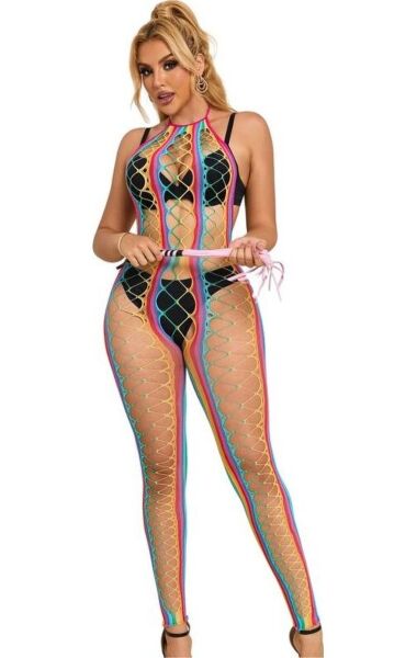 Regnbågsfärgad bodystocking från Subblime i nät med halterneck