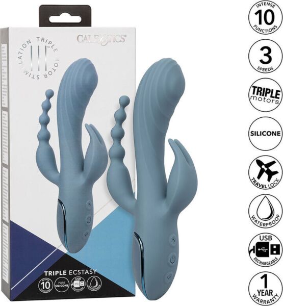 Blå rabbitvibrator CalExotics III Triple Ecstasy med skaft, stimulator och kulsvans