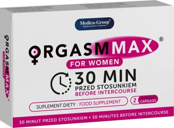 Förpackning med kapslarna Orgasm Max For Women Capsules från Medica Group