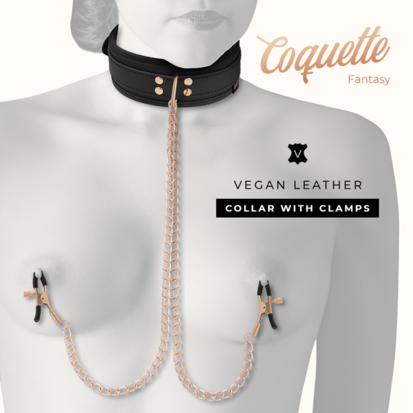 Halsband med bröstvårtsklämmor Coquette Chic Desire, med de två klämmorna sammanlänkade med kedjor och kopplet