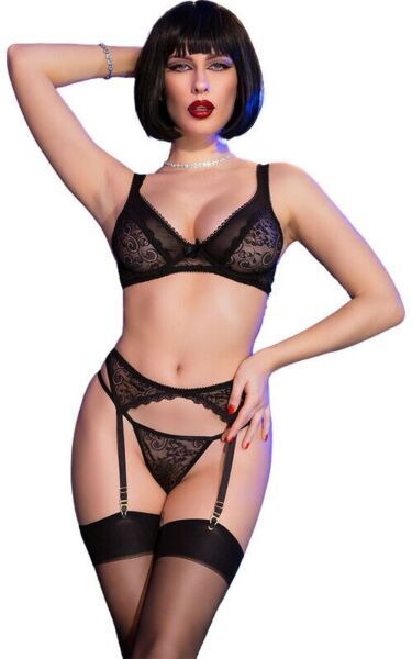 Lingerieset Chilirose CR 4692 i svart spets med bh, stringtrosa, strumpebandshållare och strumpor