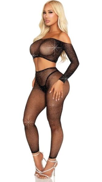 Leg Avenue Captivating Crush i svart, crop top och leggings i nät med strass