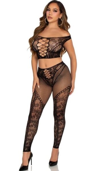 Lingerieset Leg Avenue Love Me Tonight i svart: crop top med bara axlar och leggings i spets och nät