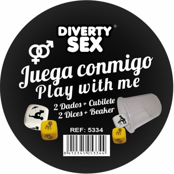 Erotiskt tärningsspel Diablo Picante Juega conmigo, med två tärningar och genomskinlig bägare
