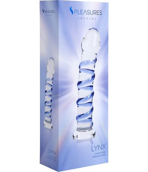 Dildo S Pleasures Crystal Lynx, genomskinlig med blå detaljer och spiralformade reliefer