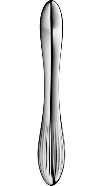 Satisfyer Pure Gravity 1, silverfärgad böjd dubbelsidig dildo i rostfritt stål