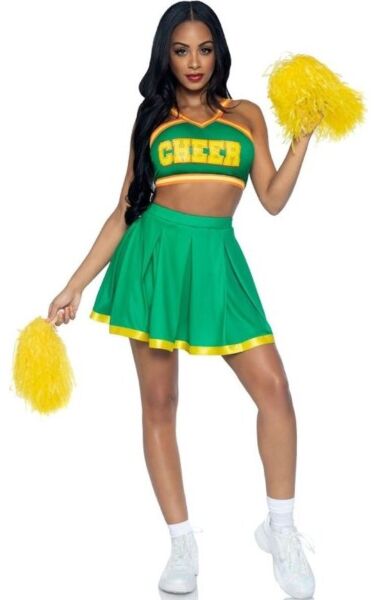 Cheerleaderkostym Leg Avenue Bring It Baddie i grönt, med kort topp, plisserad kjol och gula pompoms