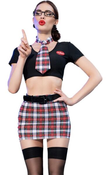Skoluniform Chilirose CR 4425 med svart topp, rutig minikjol, slips, glasögon och strumpor