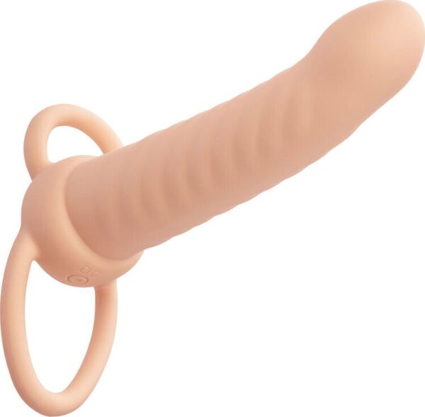 Dubbelpenetrator CalExotics Performance Maxx Ribbed Dual Penetrator i elfenbensvitt med pungring
