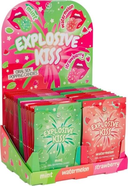 Display med poppande godis från Secret Play med påsar i jordgubb, vattenmelon och mint