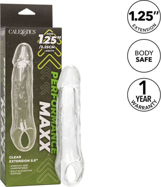Transparent penisöverdrag CalExotics Performance Maxx Clear Extension 5,5 med rem runt pungen