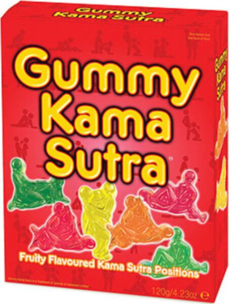 Förpackning med gummigodis Gummy Kama Sutra 120 g från Spencer & Fleetwood, format som kamasutrans ställningar