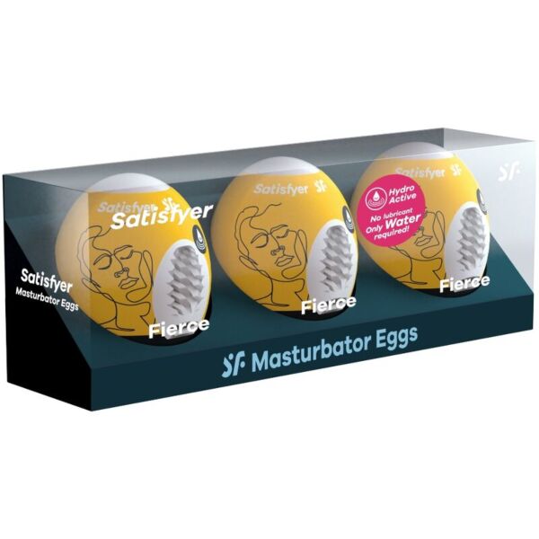 Förpackning med 3 masturbatorägg Satisfyer Eggs Fierce, gula