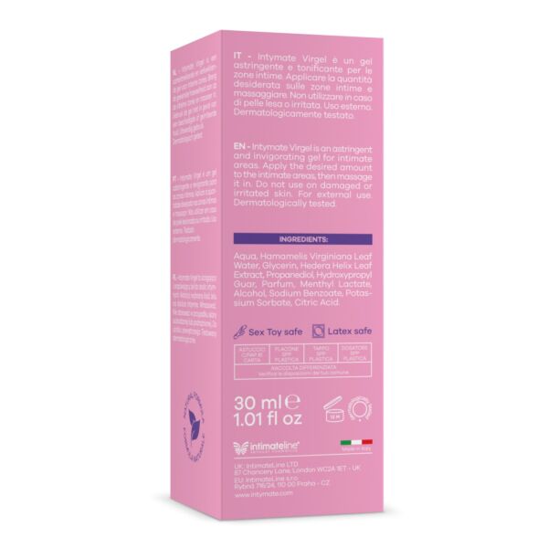 Förpackning om 30 ml med den vattenbaserade gelen Intymate Virgel