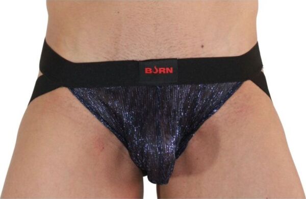 Jockstrap Burn 006 i blått och svart, med genomskinliga partier och glänsande detaljer