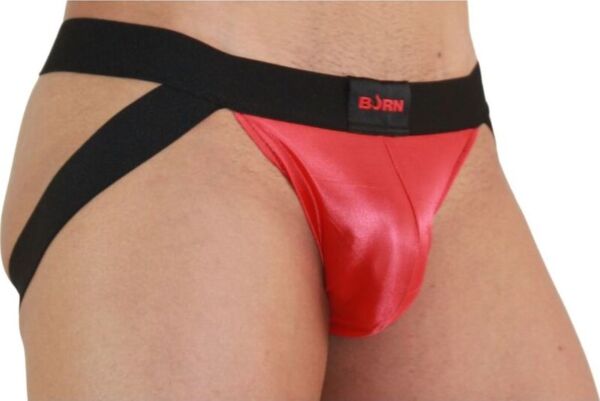 Jockstrap Burn 010 Jock röd och svart, med transparenta partier och glänsande detaljer