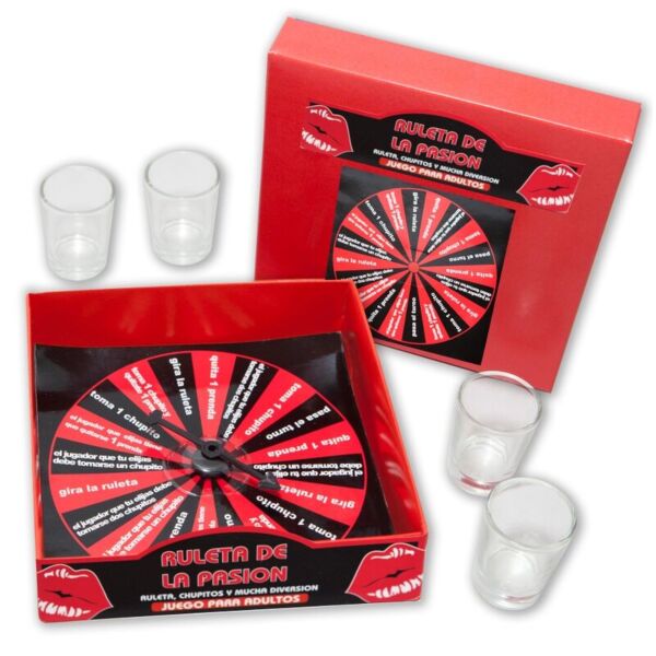 Shotspelet Diablo Picante Ruleta de la Pasión med snurrhjulet och de 4 shotglasen