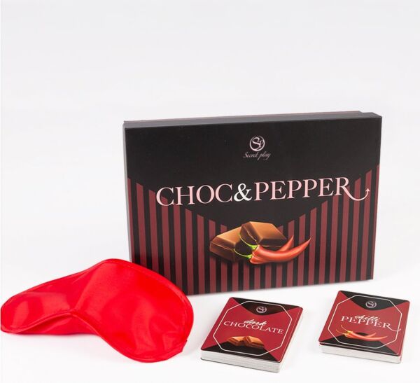 Kortspelet Secret Play Choc & Pepper, med chokladkorten, pepparkorten och ögonbindeln