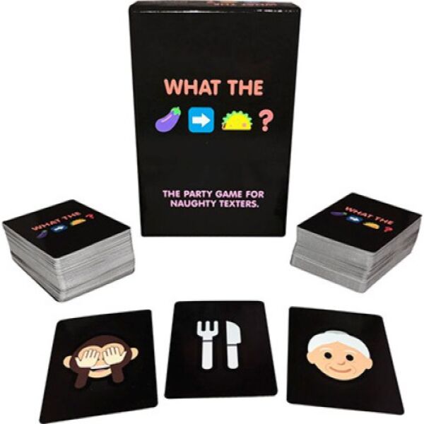 Kortspelet för vuxna What The Game från Kheper Games, med förpackning och emojikort