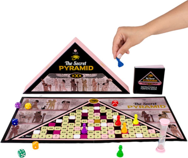 Erotiskt sällskapsspel Secret Play The Secret Pyramid, med spelplan, pjäser, tärningar och timglas