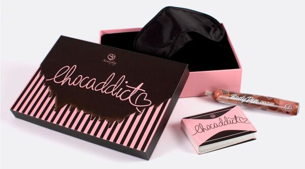 Erotiskt spel Secret Play Chocaddict med kort, ögonbindel och chokladpenna för kroppen